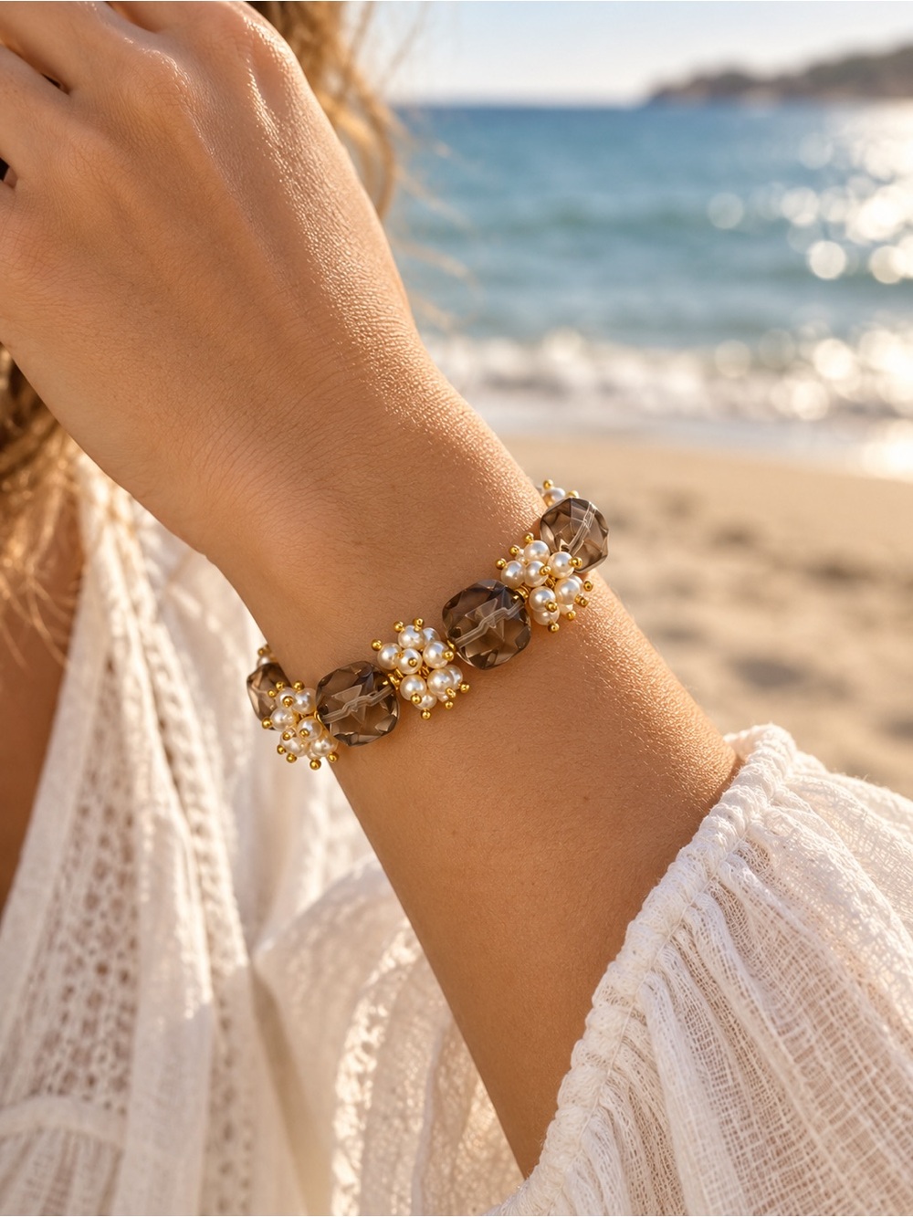 Smokey Quartz Pearl Cluster Bracelet